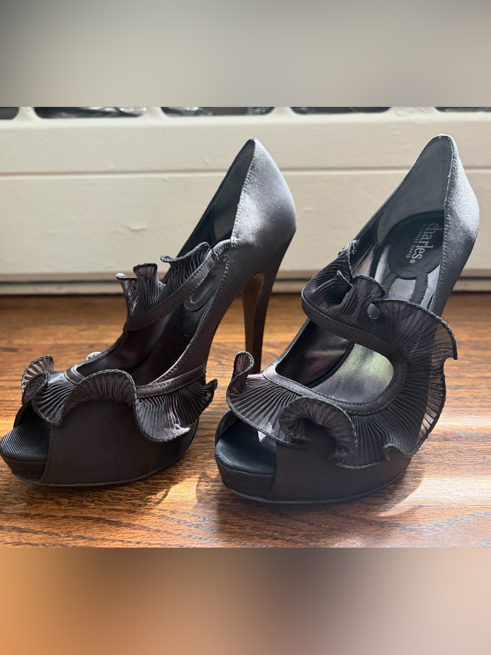 Charles By Charles David Black Ruffle Peep-Toe Platform Pumps